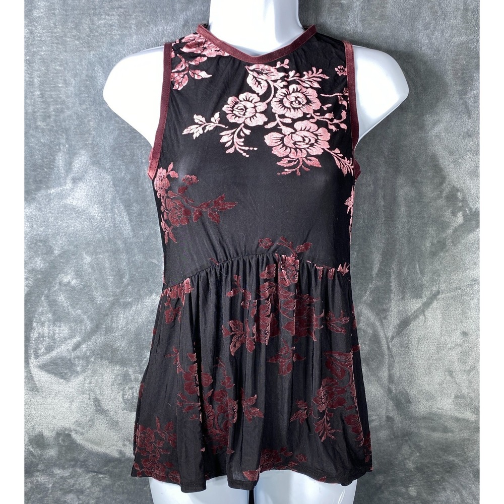 NWT Knox Rose Tank Top XS Sheer Floral Black Velour Suede Flowers Nylon Blend
